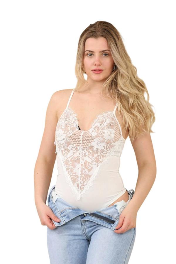 Elaina Fashion Lace Front Bodysuit – Elegant Sheer V-Neck Sleeveless Top