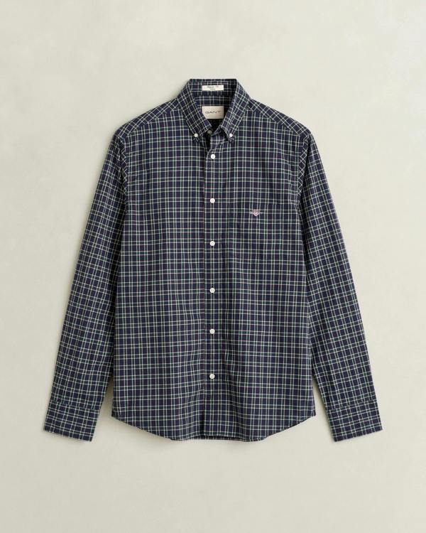 GANT Mens Regular Fit Poplin Check Shirt - 433 Evening Blue | CHO | Designer Mens Long Sleeve Shirts