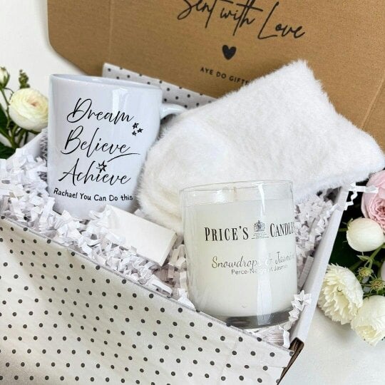 Aye Do Gifts Personalised Dream Believe Achieve Mug, Candle & Socks Gift Hamper | Birthday Gift