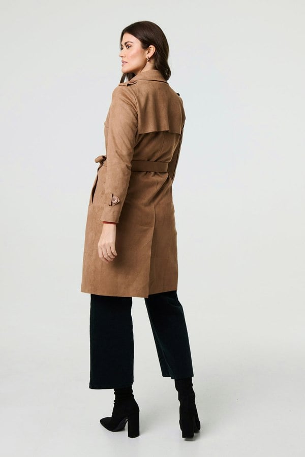 Brown | Suede Tie Waist Button Front Trench Coat
