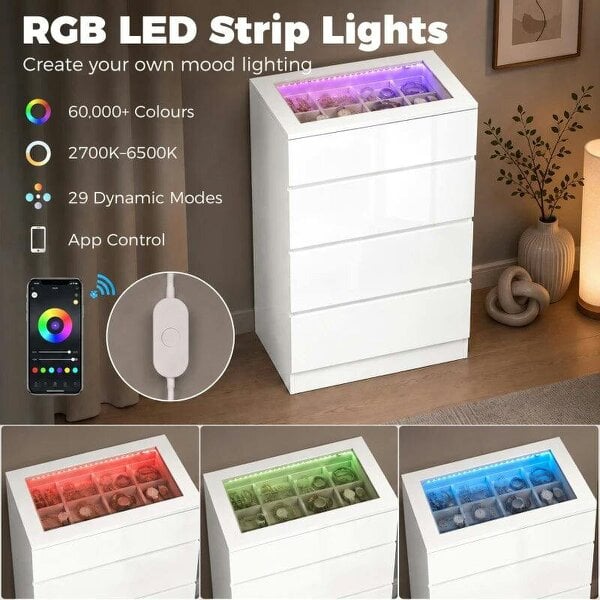 High Gloss 4 Drawer Chest of Drawers with Glass Top and RGB LED Lights, Dresser with Jewelry Organizer, APP Control
