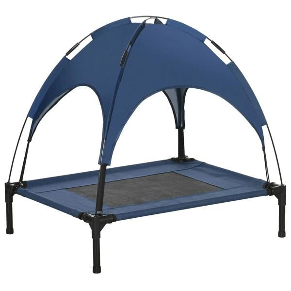 Blue elevated pet cot with removable dome canopy and breathable mesh sleeping surface
