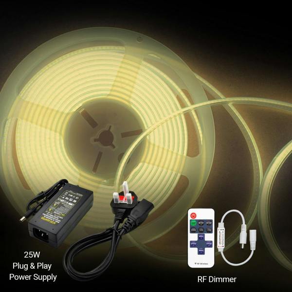 ENER-J 5m LED COB Strip 480L/M 24V, 3000K with RF Dimmer and 25W Plug & Play Power Supply