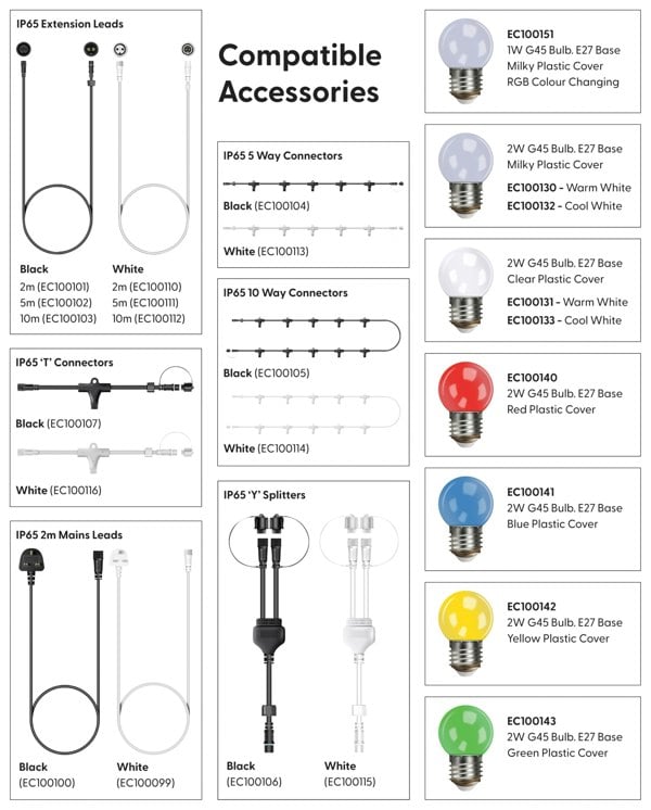 Eagle Connect E27 ES Screw Festoon Black Rubber IP65 10m 20 Lamp