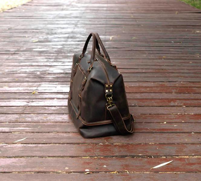 Touribag Leather Weekend Bag With Suit Compartment Dark Brown