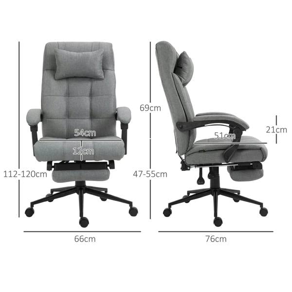 Light grey ergonomic chair with headrest, armrests, and fold-out footrest (size diagram)