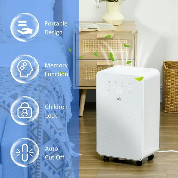 White portable dehumidifier with air purifier, front-right view on rolling base