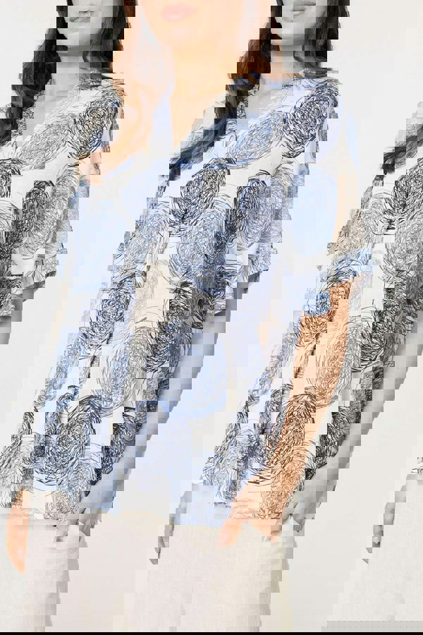 Blue | Printed V-Neck 1/2 Sleeve Blouse