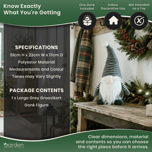 Large Christmas Cute Groovikert Gonk Figure in Grey, Free-Standing Polyester Festive Decoration, Soft Indoor Ornament, 51cm Tall x 23cm Wide
