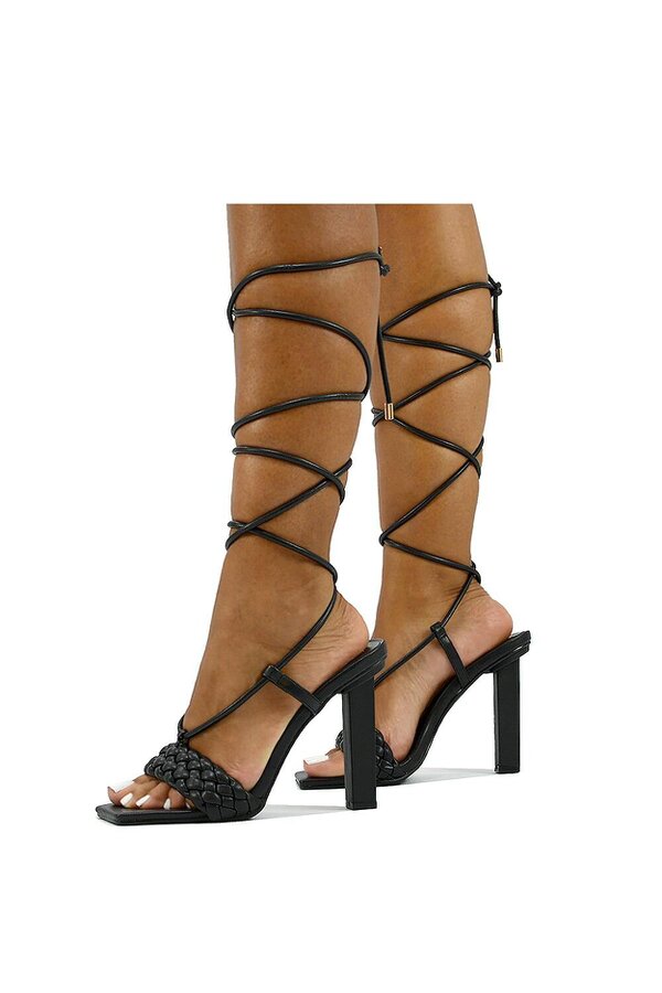 XY LONDON Woven Strap Lace Up Strappy Block Square Toe Heels