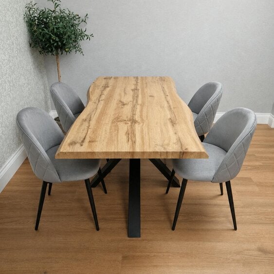 Kosy Koala Rustic Wood-Effect Wavy X Shaped Legs Dining Table Set with 4 Grey Velvet Chairs
