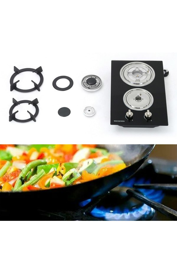 Living and Home 2-Burner Gas Stove Cooktop LPG Hob with Glass Top & Cast Iron Pan Stands（51 x 30 cm）