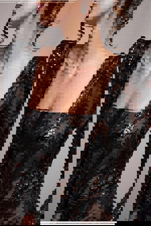 Square Neck Scalloped Embroidered Sequin Midi Dress - Black DR4124