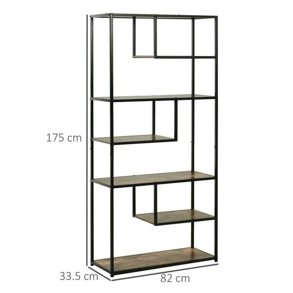 Industrial 6-tier bookcase with black steel frame and rustic brown shelves, front view