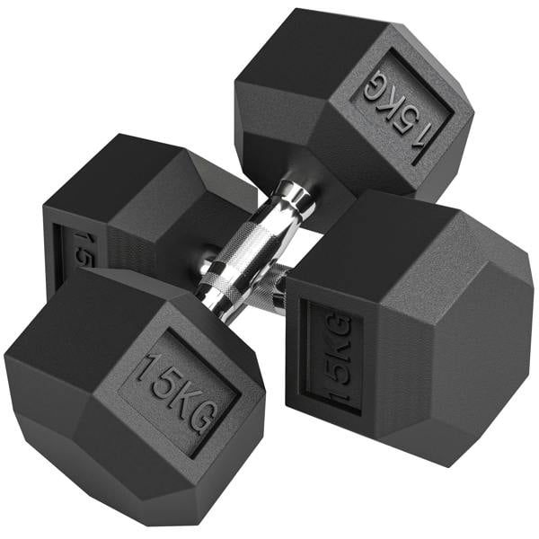Black rubber hex dumbbells with knurled handle for home gym workouts