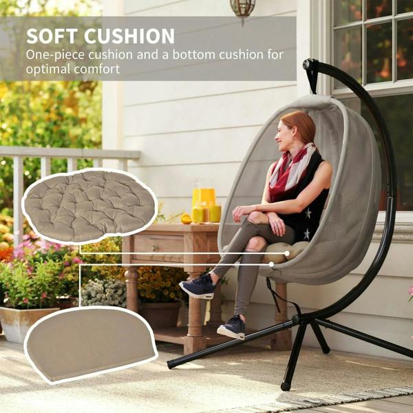 Hanging egg chair with one-piece padded cushion inside khaki mesh pod