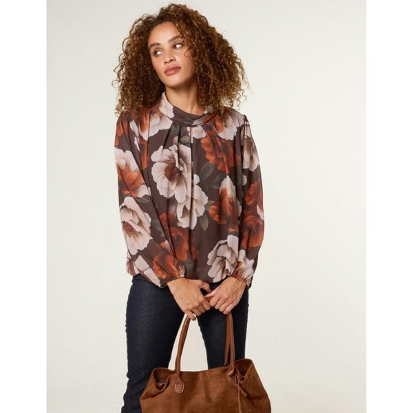 Blue Vanilla Large Watercolour Floral Cowl Neck Puffball Blouse