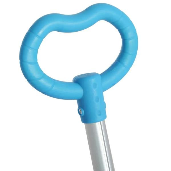 Blue scooter push handle with curved grips and silver pole