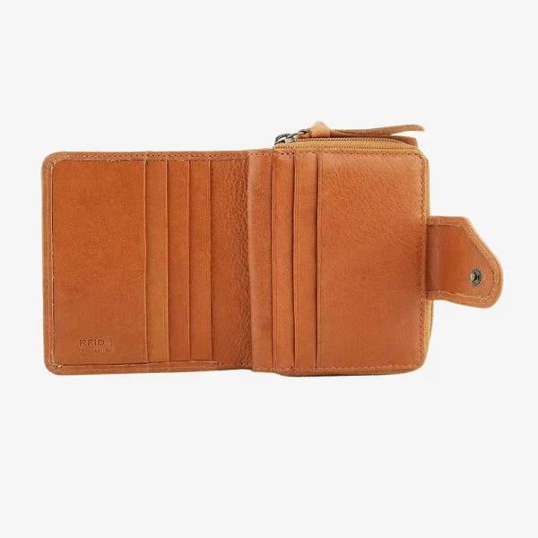 cognac leather wallet with multiple card slots on a white background