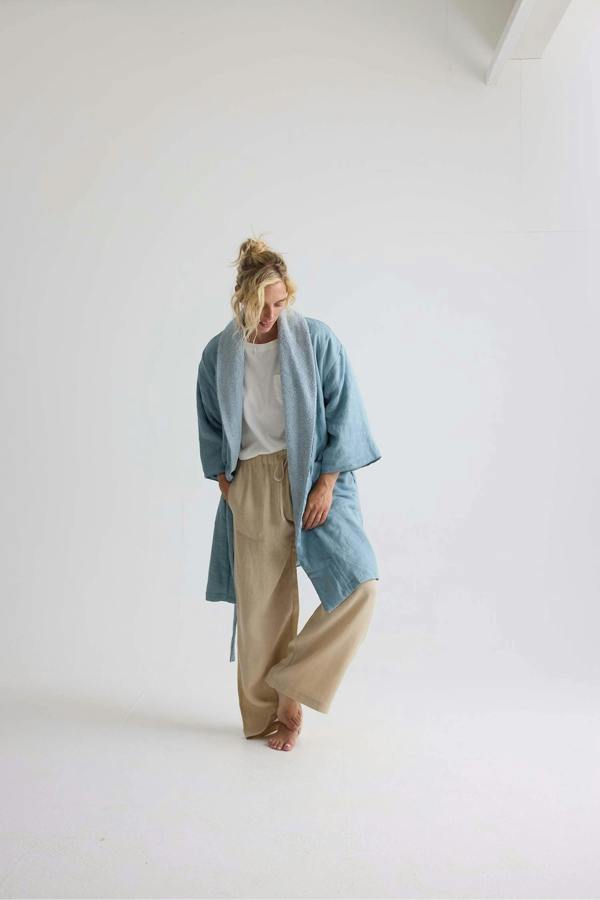 Pretty You London Short Terry Lined Linen Robe In Blue Haze