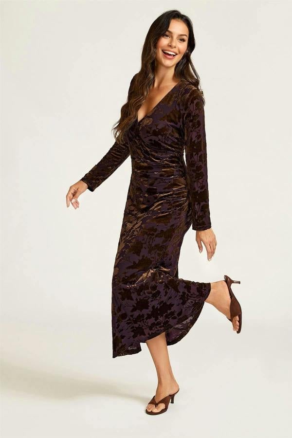 FS Collection Floral Velvet Devore Long Sleeve Wrap Midi Dress In Brown