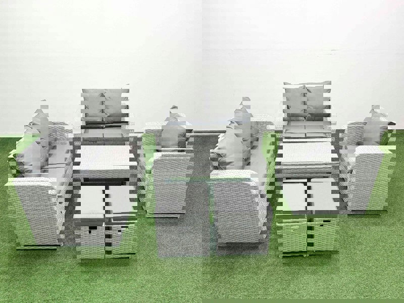 Fimous High Back Poly Rattan Garden Furniture Set with Reclining Chair Loveseat Sofa Oblong Coffee Table Indoor Outdoor Patio  Set 2 Stool Light Grey