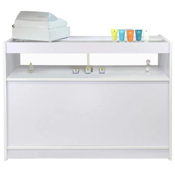 Brilliant white retail display counter with a sleek design, featuring a cash register and colorful skincare products on top