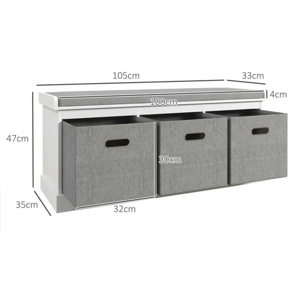 White shoe storage bench dimensions showing padded top and three gray storage drawers