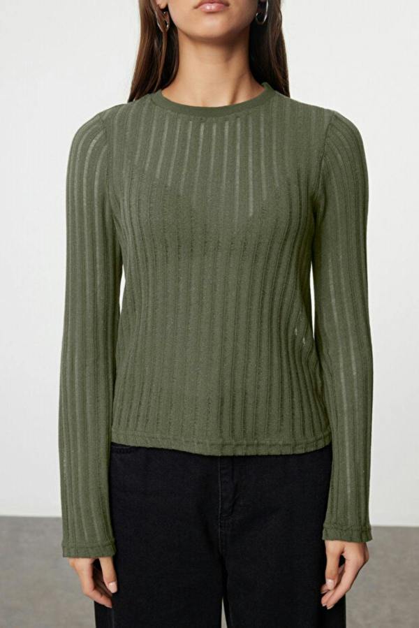 WOVCOR Transparent Crew Neck Knit Blouse