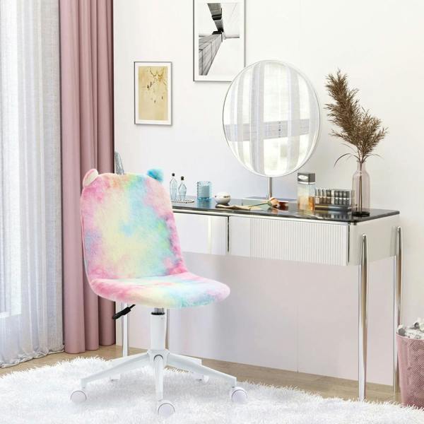 Rainbow unicorn desk chair with fluffy mid-back, white pedestal base and wheels