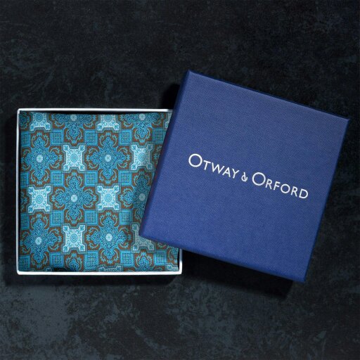 Otway & Orford 'Arabesque' tile design silk pocket square in turquoise, brown & navy (42 x 42cm)