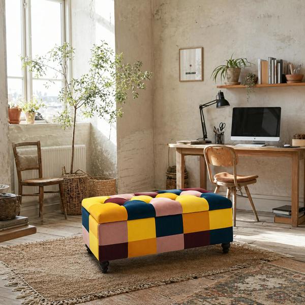Wyld Haus Tava Velvet Multicolour Storage Bench With Wooden Legs For Bedroom