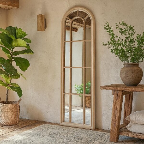 Wyld Haus Slim Tall Natural Wood Arched Panel Window Mirror