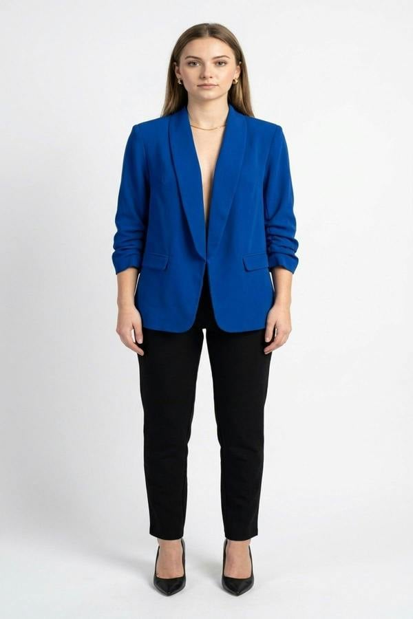 Valerie Ruched Sleeve Open Front Blazer Jacket With Front Pockets - Royal
