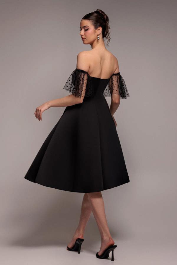 Scuba & Polka Mesh Off The Shoulder Midi Dress - Black DR5016