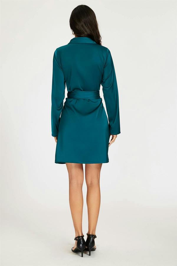 FS Collection Satin Wrap Tie Mini Shirt Dress In Teal