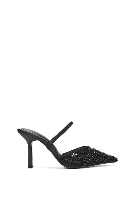 XY LONDON Slingback Stiletto High Heel Rhinestone Embellished Court Shoes - Black