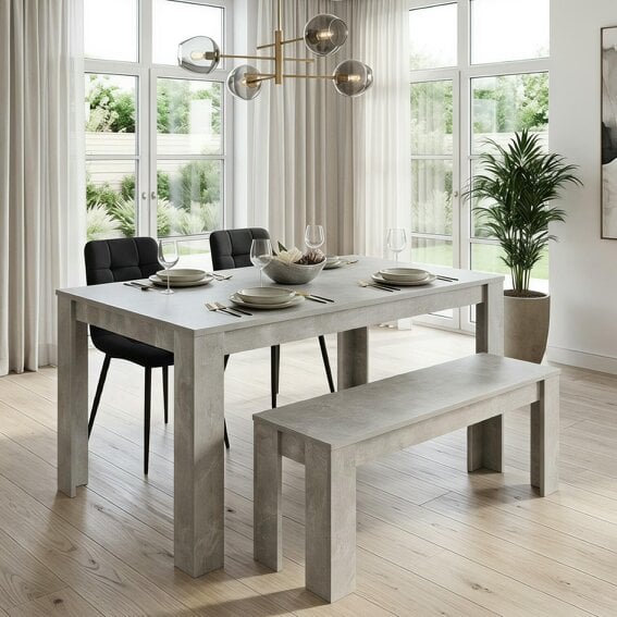 Kosy Koala Dining Table with 2 Black Velvet Chairs and 1 Stone Grey Bench Dining Room Furniture