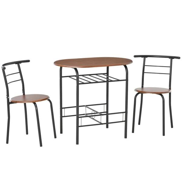 Three-piece dining set: natural-wood table and two black metal chairs