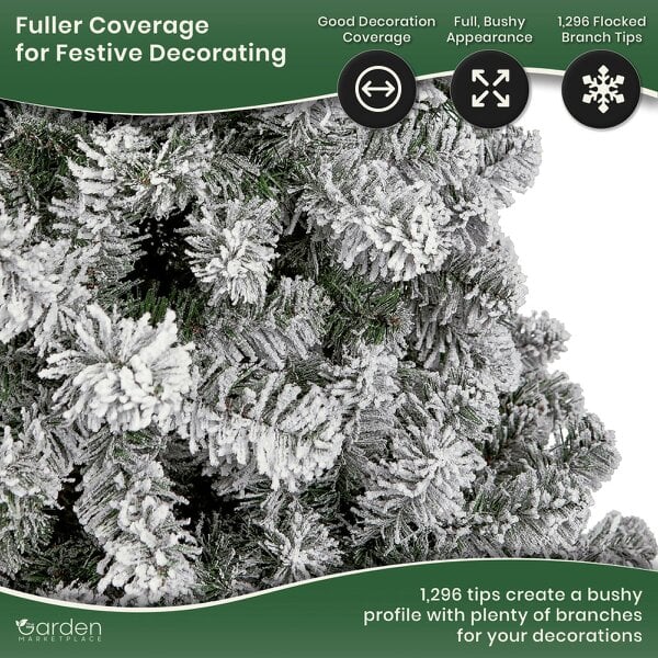 Flocked Woodcote Spruce Christmas Tree 2.4m – Snow Effect Tree with 1296 Tips, Hinged Branches & Metal Stand