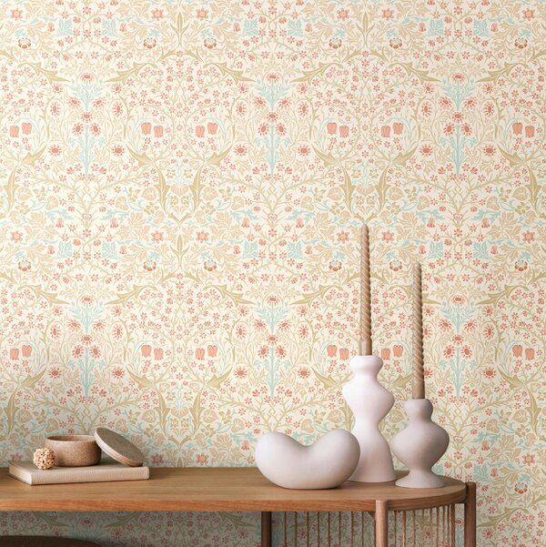 Hoopla Walls Blackthorn Damask - Soft Coral & Straw 10m Wallpaper