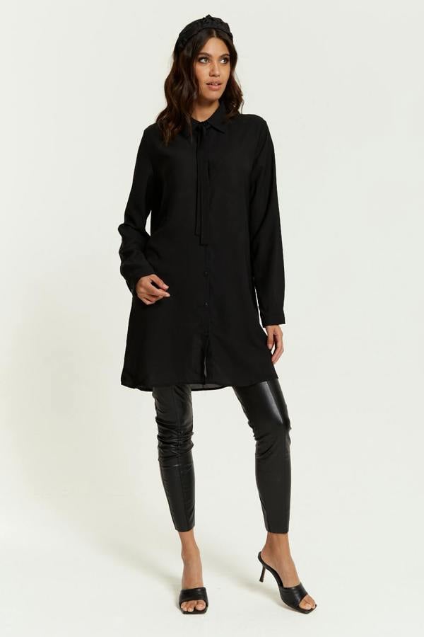 Hoxton Gal Oversized Tie Detailed Shirt Tunic with Long Sleeves in Black