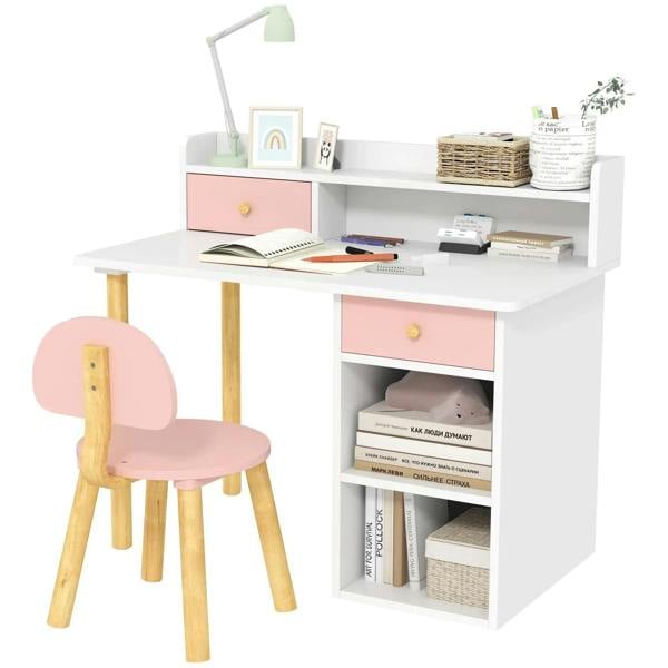 Pink kids study table with hutch, drawer storage, open shelves, and matching chair