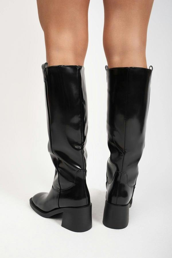 Verira Patent Knee High Block Heel Boots - Black