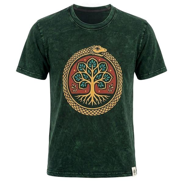 Green stonewashed cotton t-shirt with Tree of Life chest logo, short sleeves