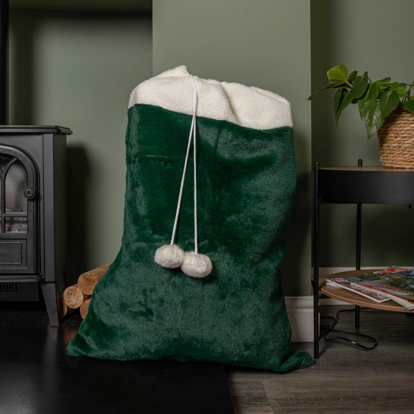 Samuel Alexander 80x55cm Green Christmas Sack with White Cuff and Pom Poms