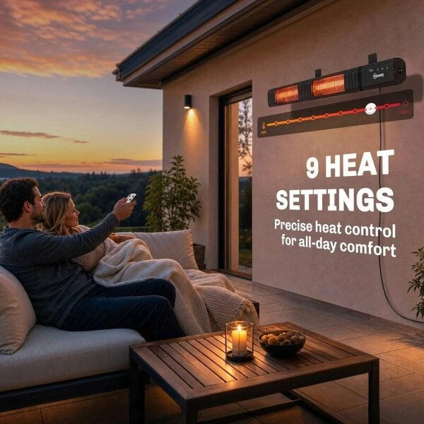Bobobiy 3000 W Electric Infrared Patio Heater, Wall Mounted IP65 Garden Heater with 9 Heat Settings, 24 H Timer, Black