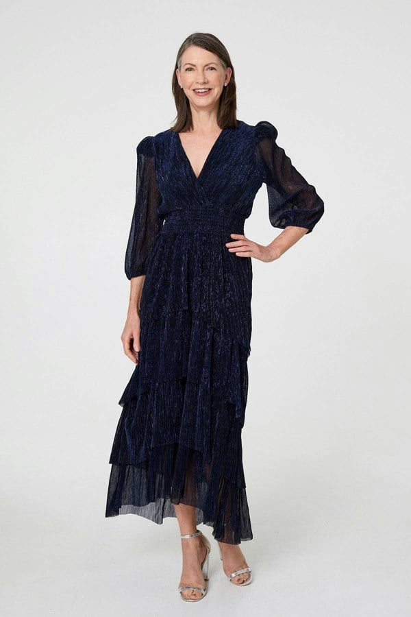 Navy | Sparkly Semi Sheer Texture Maxi Dress

