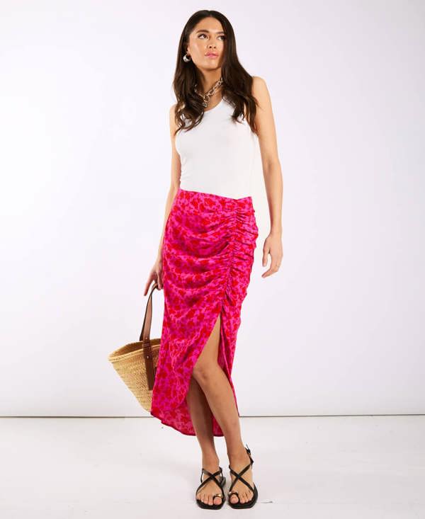 bright Pink Floral Ruche Side Midi Skirt