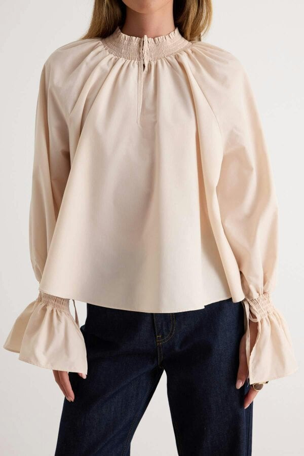 WOVCOR High Neck Long Sleeve Oversized Blouse